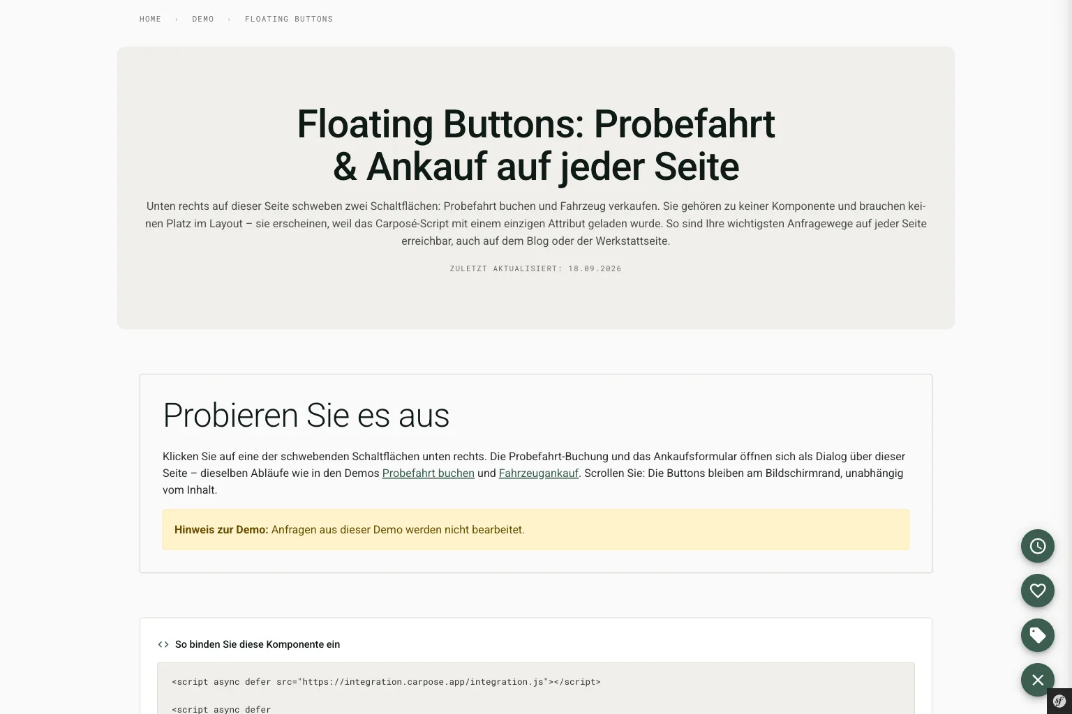 Floating Buttons für Probefahrt und Fahrzeugankauf
