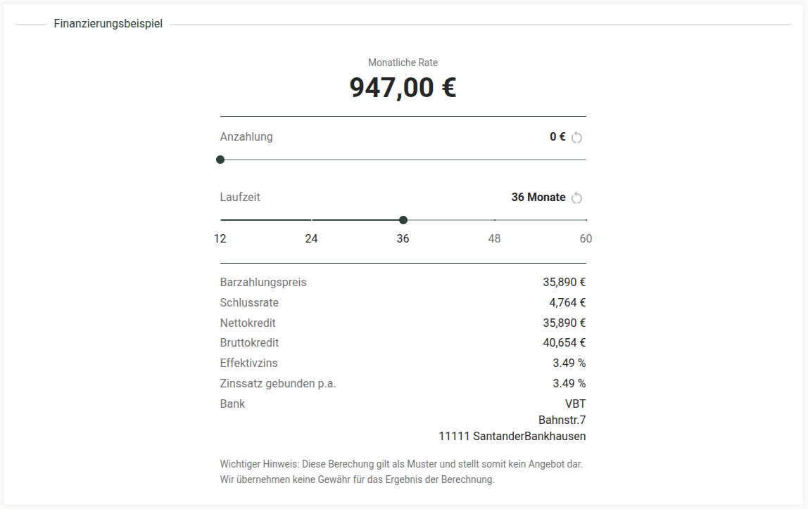 Finanzierungsbeispiel: monatliche Rate, Anzahlung, Laufzeit und Kreditdetails auf der Fahrzeugkarte