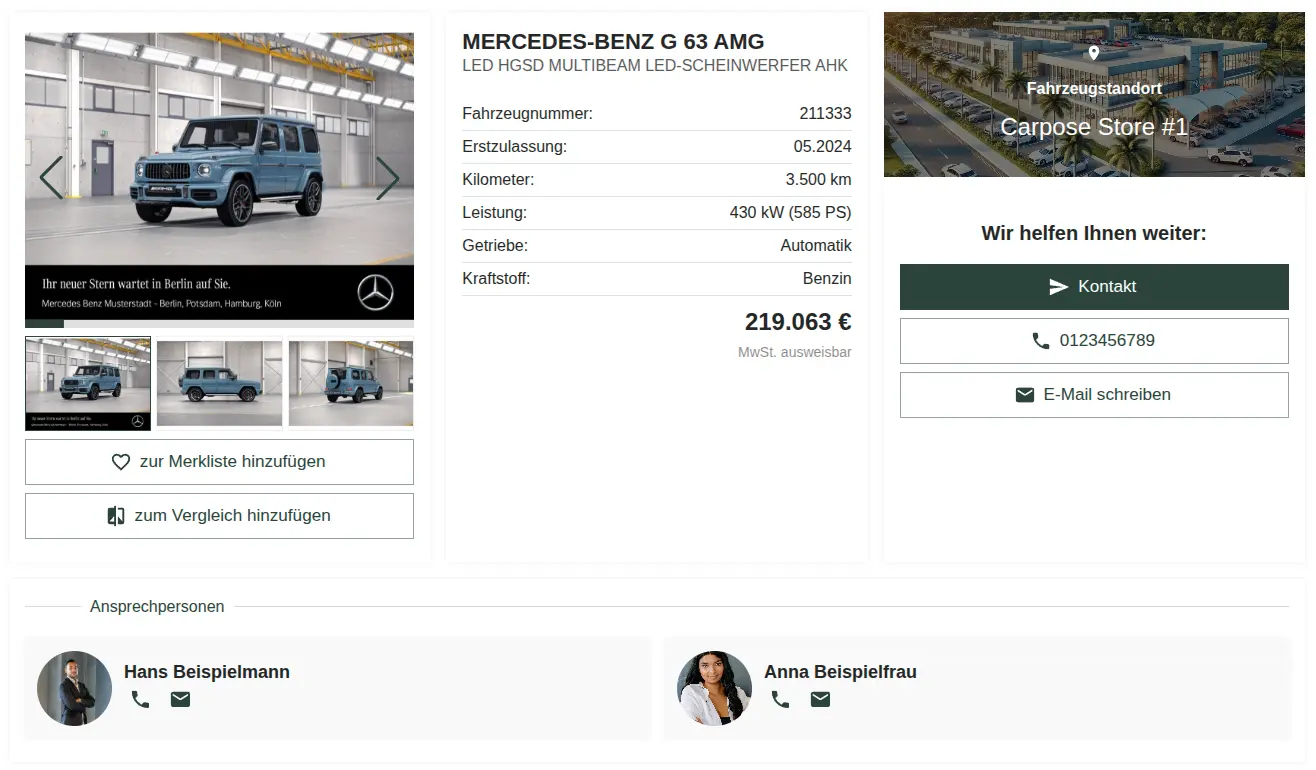 Fahrzeugdetailseite mit zugewiesenem Ansprechpartner – Hans Beispielmann und Anna Beispielfrau sind direkt am Inserat sichtbar