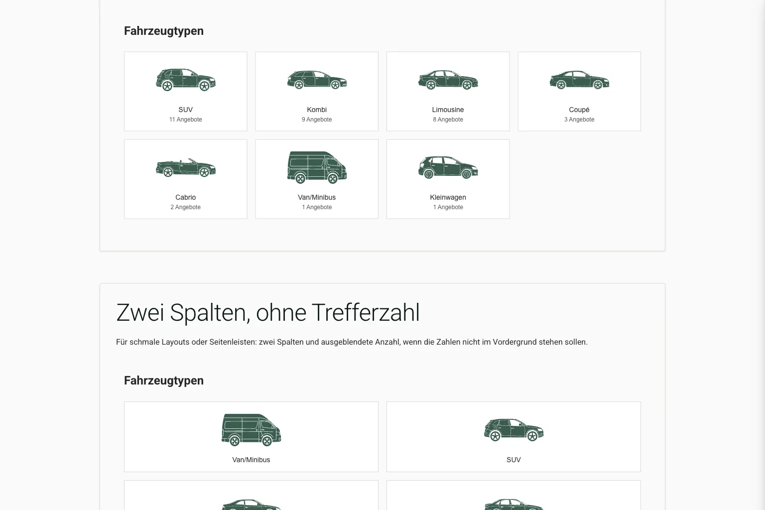 Fahrzeugtypen-Browser mit Karosserieformen als Kacheln