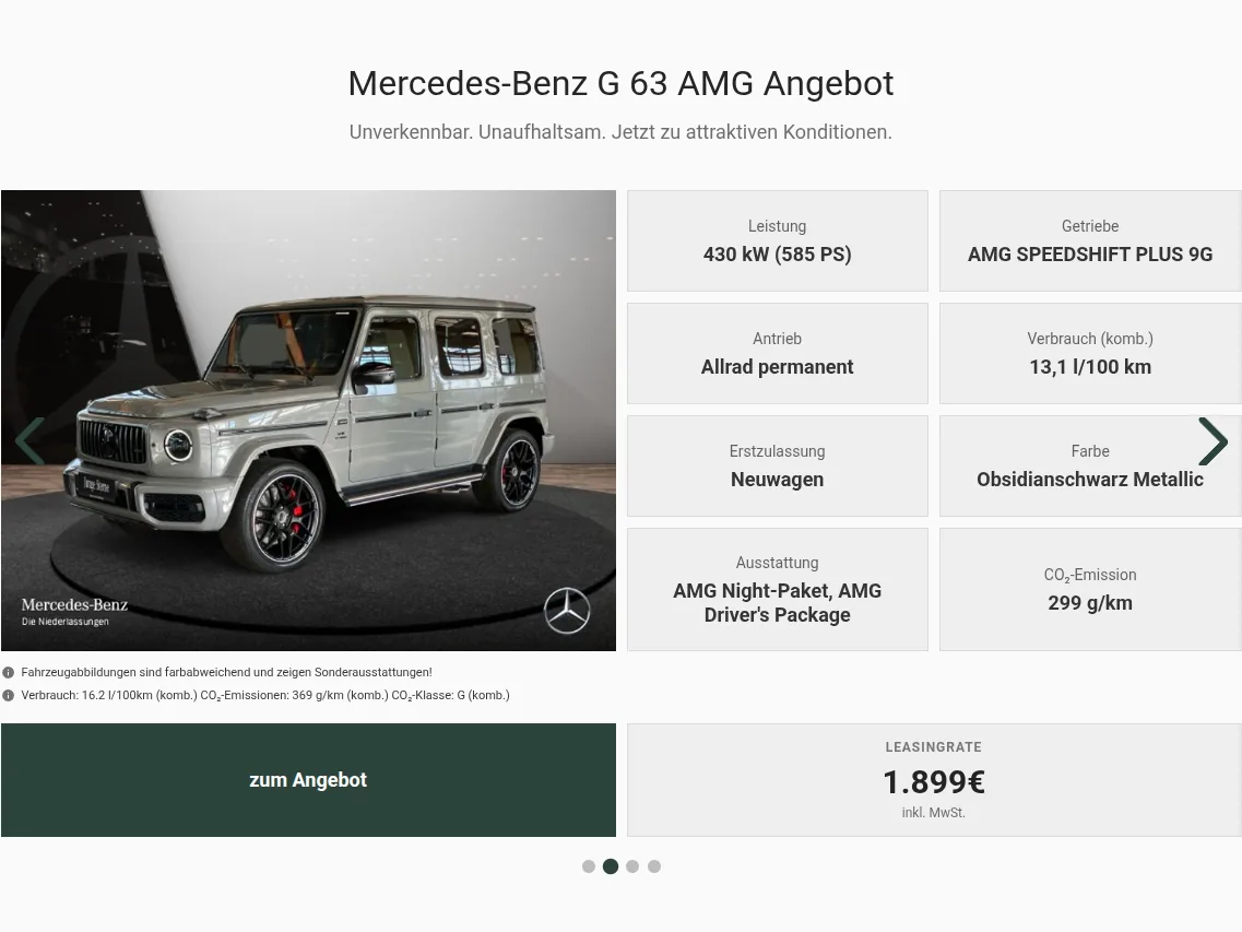 Der Angebots-Slider von Carposé auf einer Autohaus-Website: Fahrzeugbild, Ausstattungsdaten, gesetzliche Verbrauchsangaben und Leasingrate