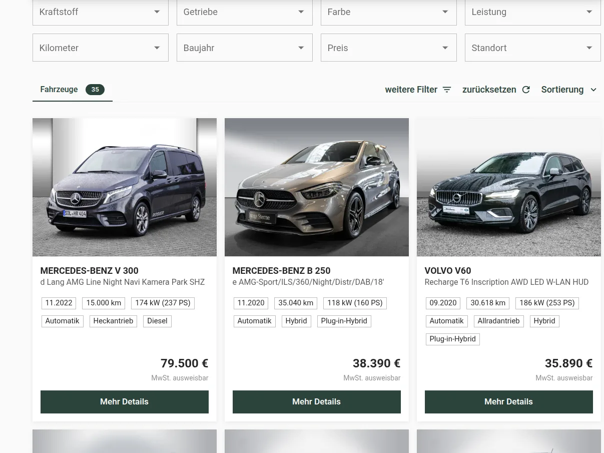 Die Fahrzeugsuche von Carposé auf einer Autohaus-Website: Filterleiste, 35 gefundene Fahrzeuge und Fahrzeugkarten mit Bild, Ausstattung und Preis